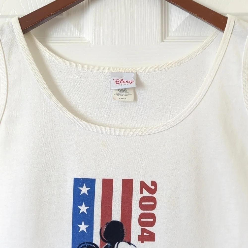 Disney 2004 Y2K Vintage American Flag Mickey Graphic Scoop Neck Tank Top White L - Picture 2 of 11